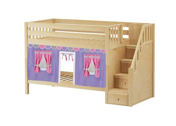 Twin Low Bunk Bed with Stairs with Underbed Curtain