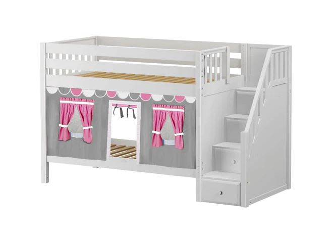 Twin Low Bunk Bed with Stairs with Underbed Curtain