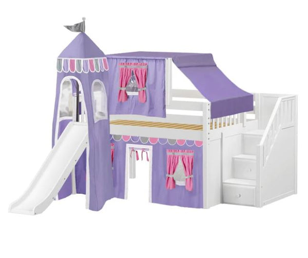 Full Low Loft Bed with Stairs, Slide, Top Tent, Underbed Curtain and Slide Tower