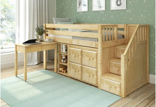 Twin Low Loft Panel Bed with Stairs, Storage + Desk