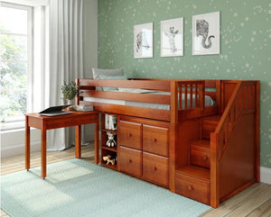 Twin Low Loft Panel Bed with Stairs, Storage + Desk