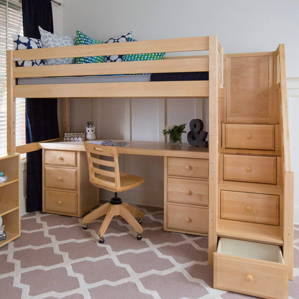 High Loft Bed w/Staircase, Long Desk and 2 - 3 Drawer Dresser
