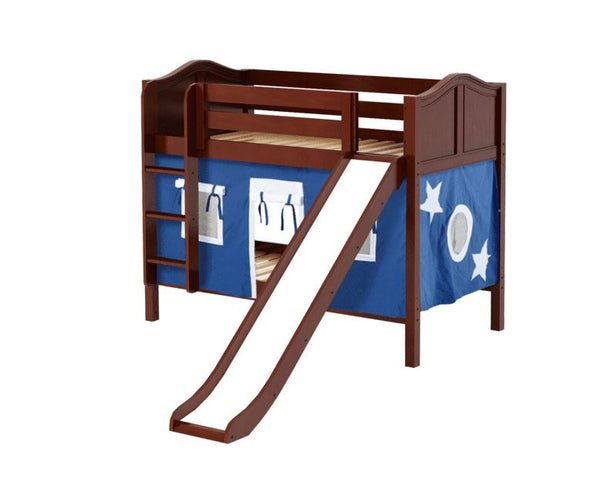 Twin Low Bunk Bed with Straight Ladder, Curtain + Slide