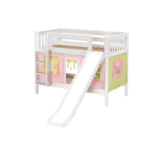 Twin Low Bunk Bed with Straight Ladder, Curtain + Slide