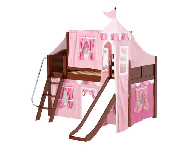 Twin Low Loft Bed with Angled Ladder, Curtain, Top Tent, Tower + Slide