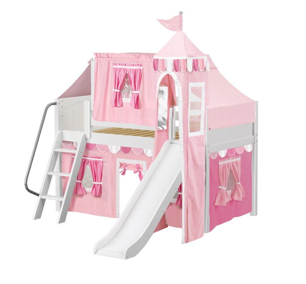 Twin Low Loft Bed with Angled Ladder, Curtain, Top Tent, Tower + Slide
