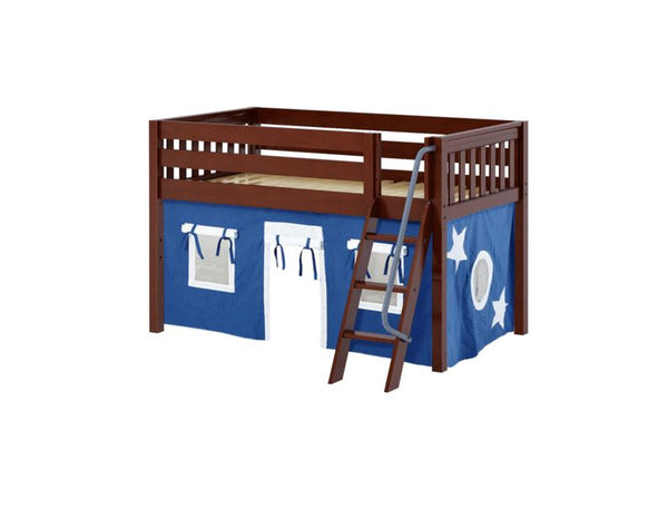 Twin Low Loft Bed with Angled Ladder + Curtain